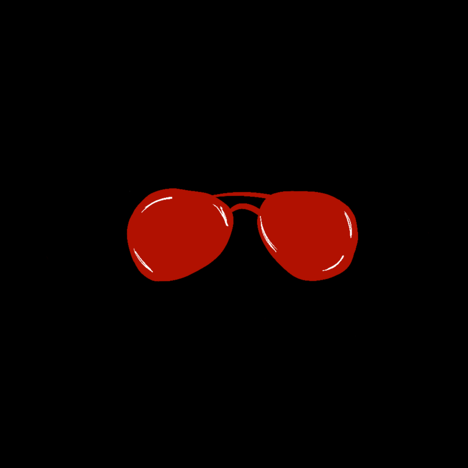 A pair of red sunglasses with round lenses set against a black background.