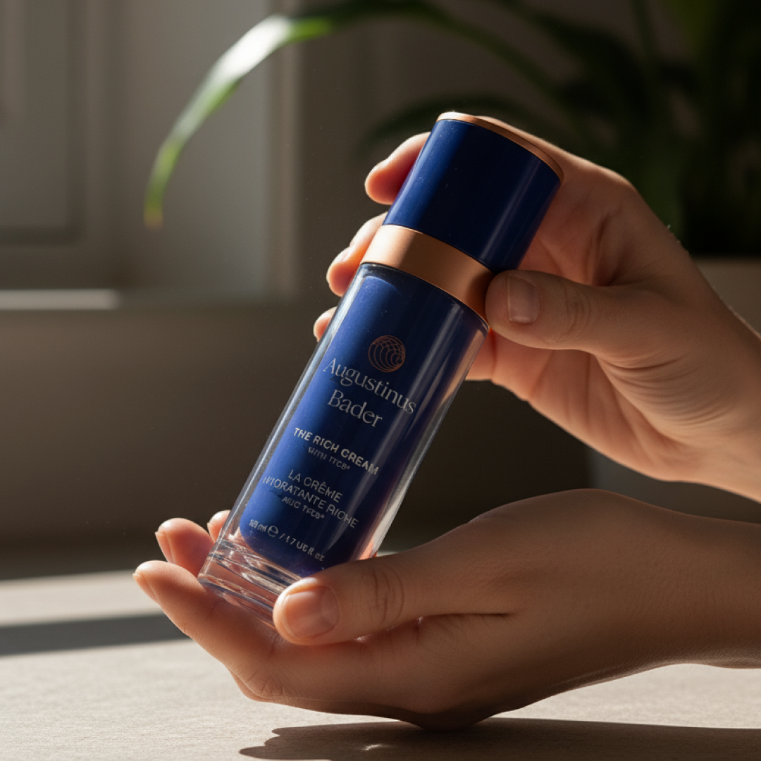 Persona sosteniendo un frasco de crema azul con letras doradas, en un fondo con luz natural y plantas.