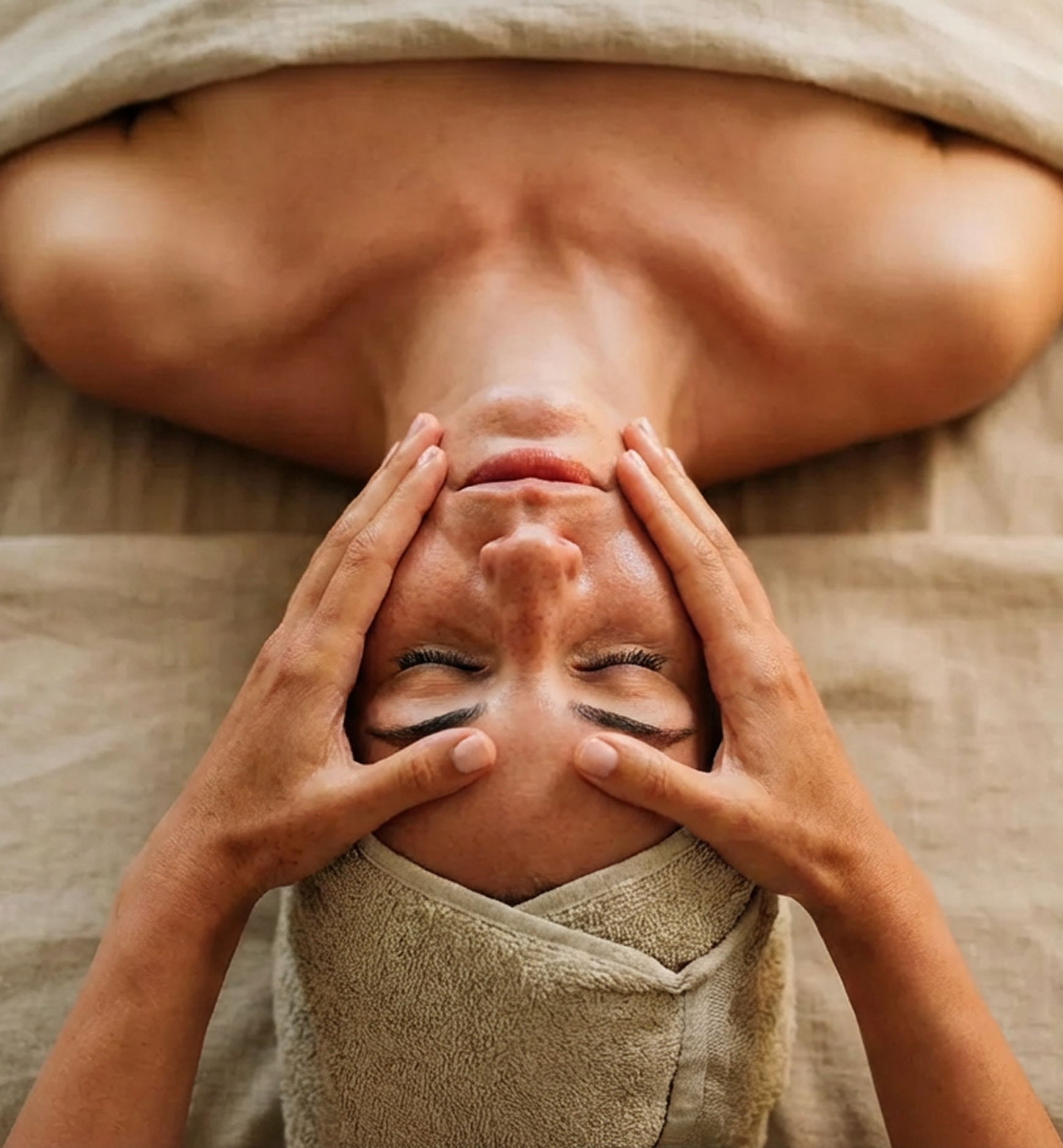 Una persona recibe un masaje facial en un spa, con una toalla en la cabeza y los ojos cerrados.