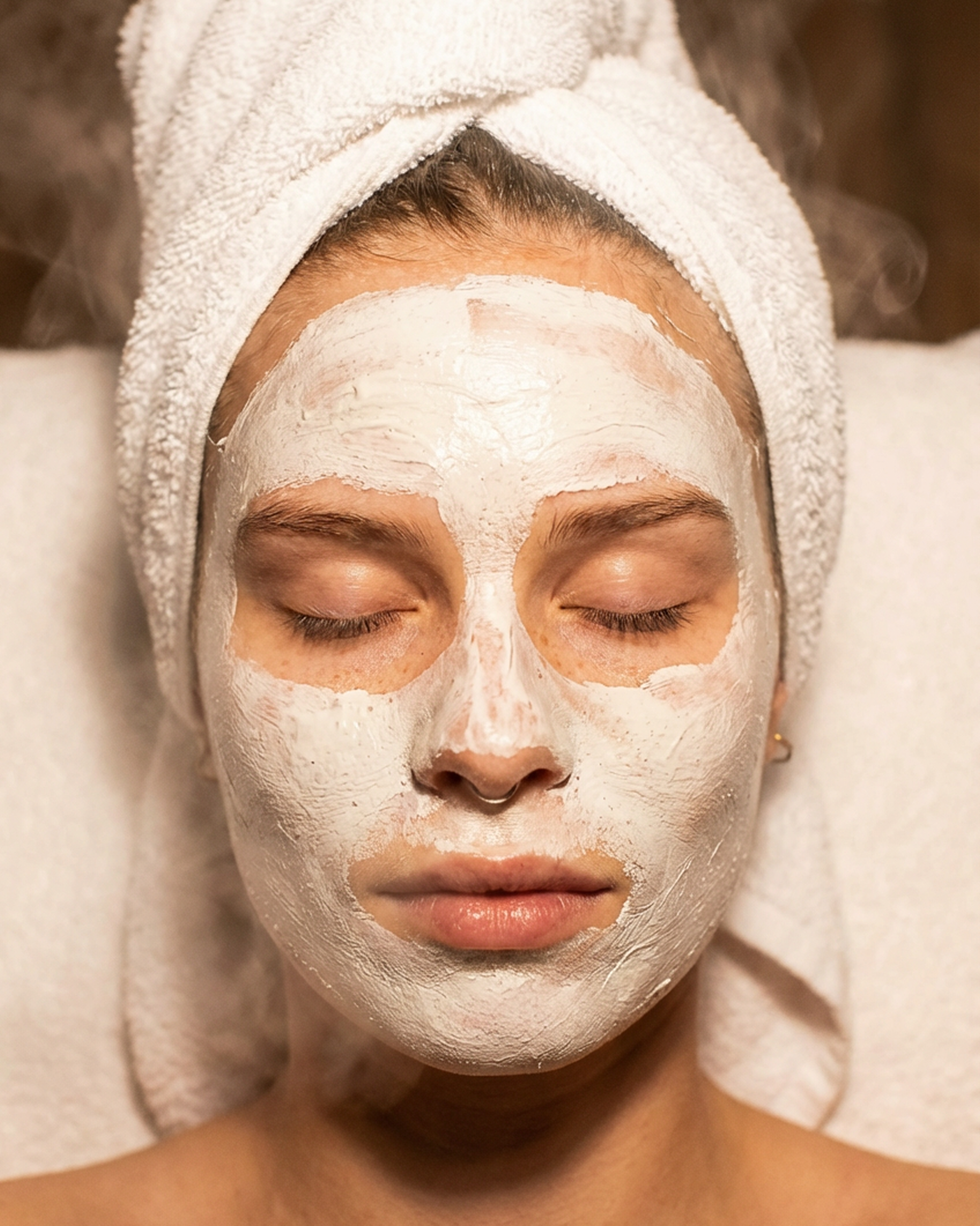 Persona recibiendo una mascarilla facial en un spa, con toalla en la cabeza y ojos cerrados.