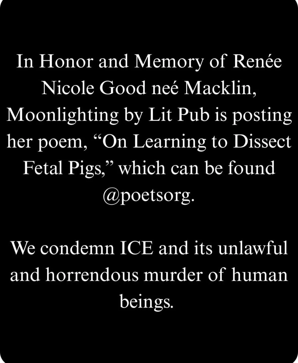 Ren&eacute;e Nicole Good. American. Mother. Poet.

#fuckice #icearemurderers #poetofinstagram #poetryislove