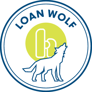 Logo for Loan Wolf showing a stylized wolf and the text 'Loan Wolf' around a circular design.