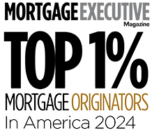 Text reading 'EXECUTIVE' at the top and 'Mortgage Originators in America 2024' at the bottom, with a check mark and a stylized graphical element between.