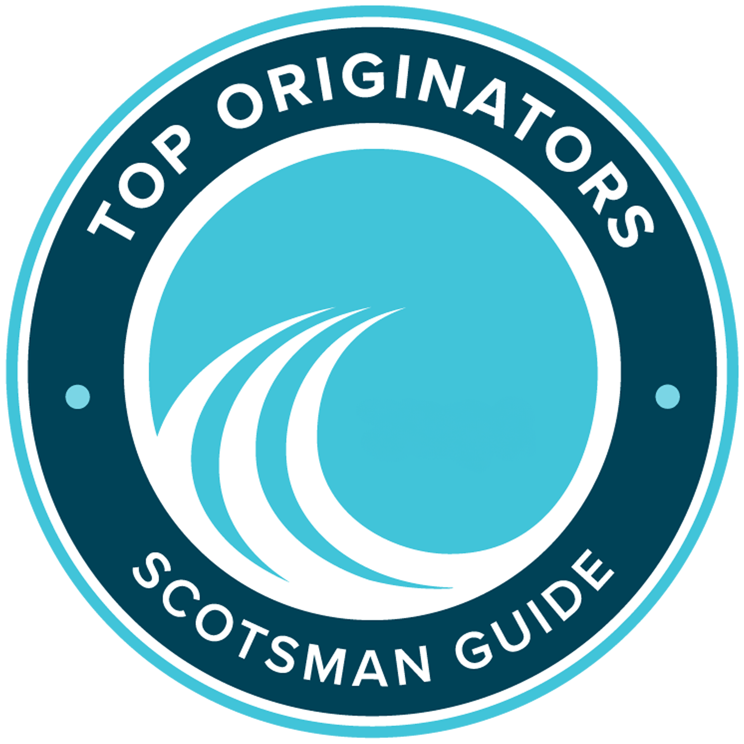 A circular badge with the text 'Top Originators' and 'Scotsman Guide' around the edge, featuring a stylized white wave on a blue background.