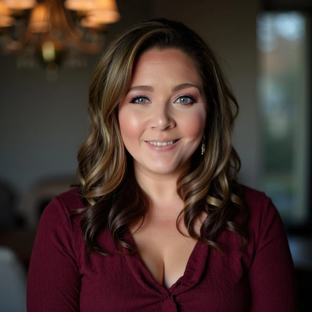 A woman with long wavy brown hair and blue eyes smiles at the camera, wearing a maroon top with a modest neckline, in a softly lit indoor setting.