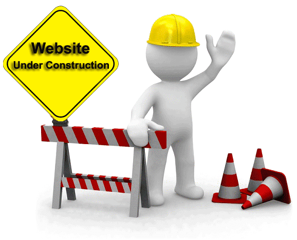 A 3D white humanoid figure wearing a yellow construction helmet, standing next to a construction barrier and traffic cones, with a yellow diamond-shaped sign that reads 'Website Under Construction'.