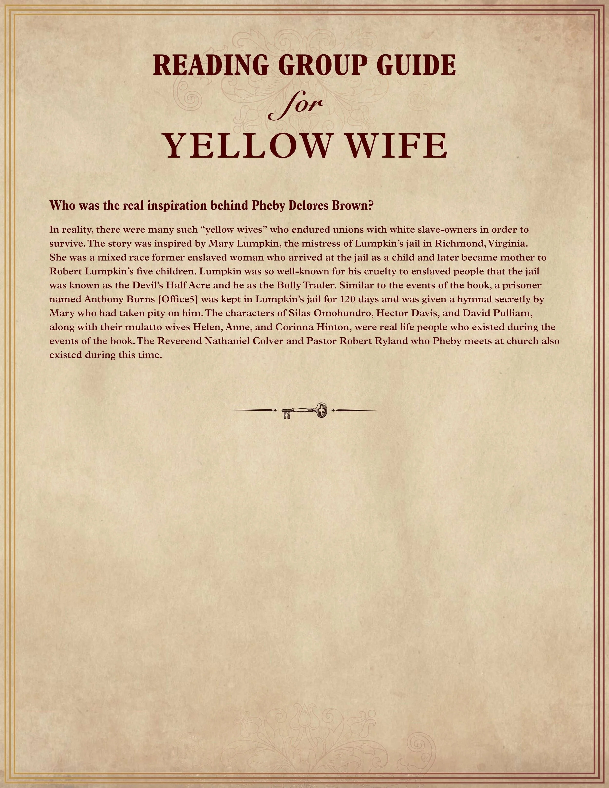 Title page of a reading group guide for 'Yellow Wife' with text about the story behind Pheby Delores Brown and historical figures, and a small illustration of a key.