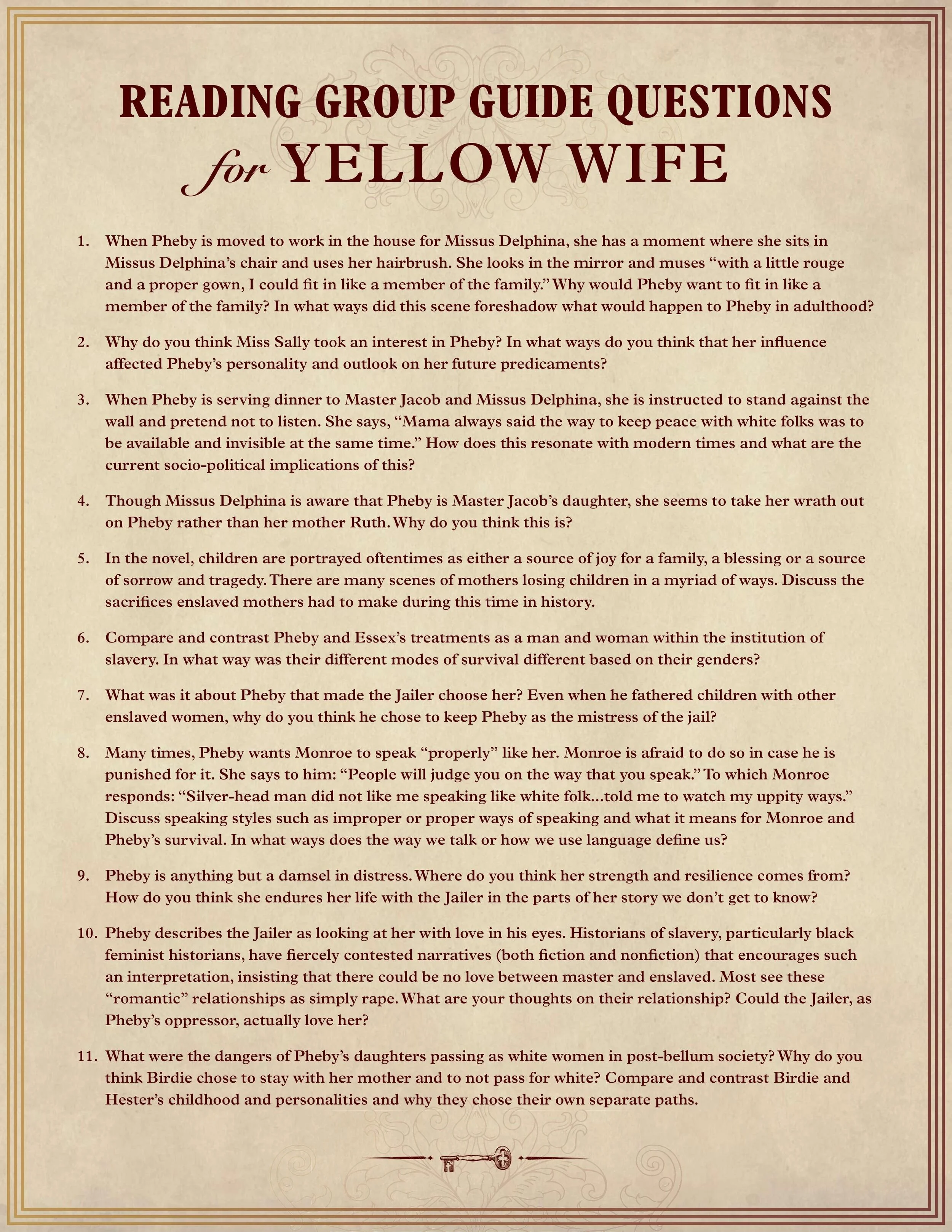 A list of reading group guide questions for the novel 'Yellow Wife', covering themes and characters, presented on a beige background with decorative borders and a key illustration at the bottom.