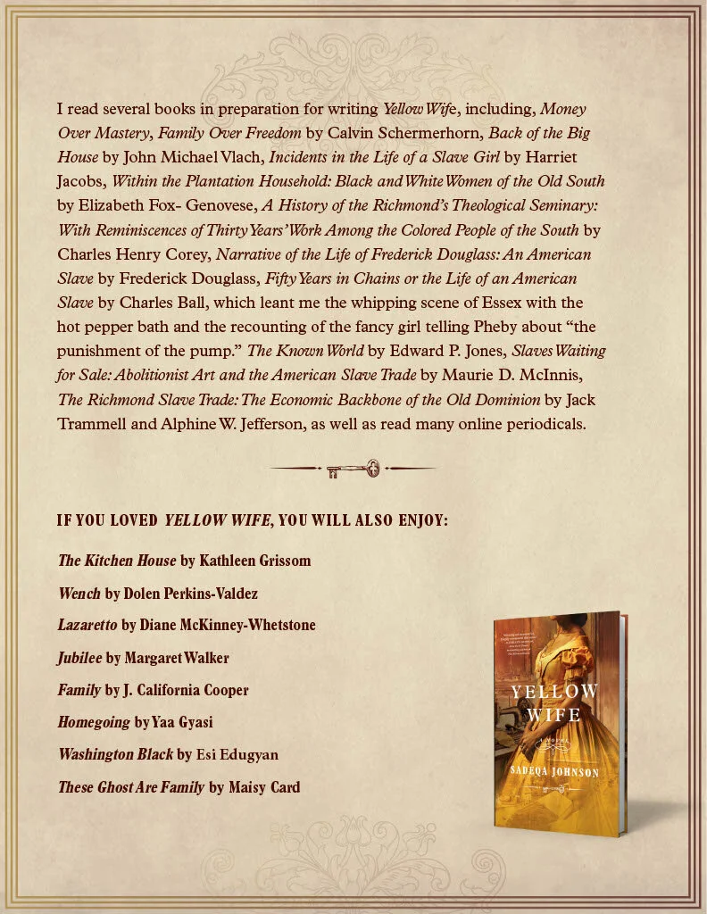 A page describing books related to the novel 'Yellow Wife'. It includes a list of books read in preparation for writing 'Yellow Wife' and suggests additional books to read if you enjoyed it. The page features a small image of the book cover for 'Yellow Wife' by Sadeqa Johnson, showing a woman in a historical dress turned away, with warm tones and an old-fashioned background.