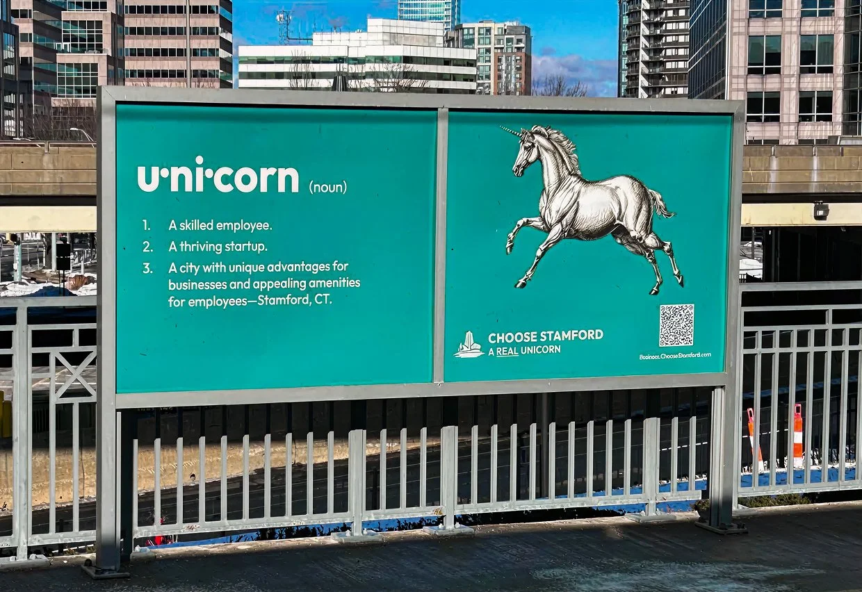 Stamford train station ad with unicorn campaign