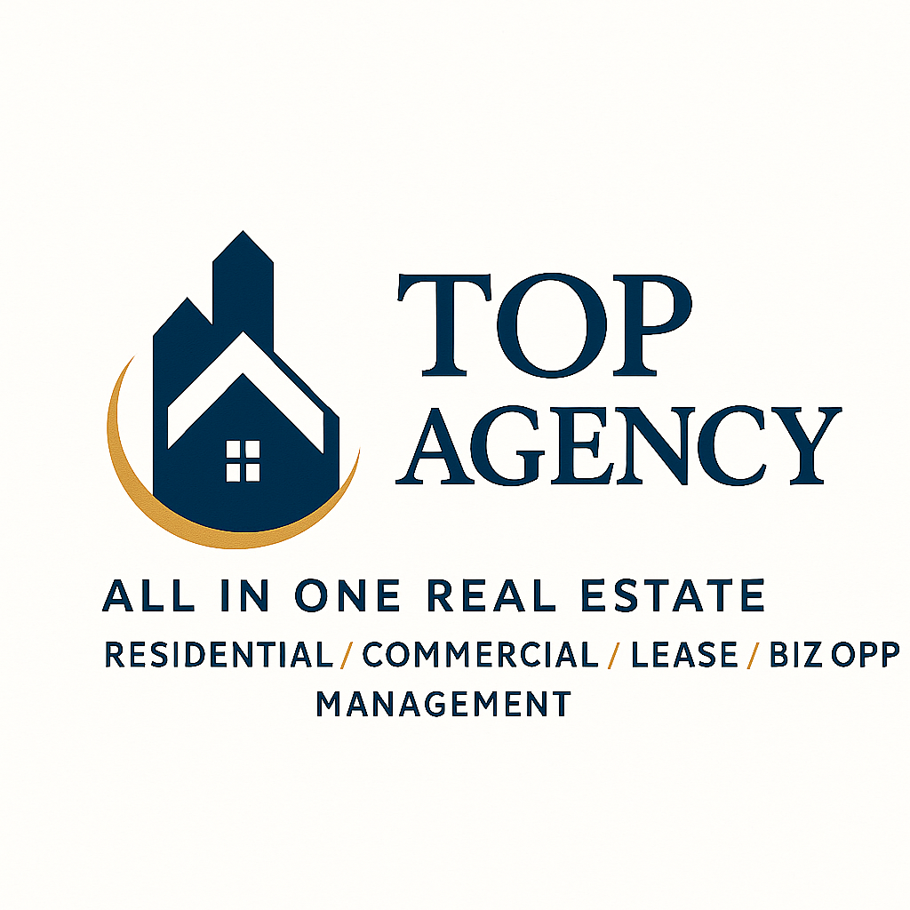 Logo for Top Agency, a real estate company offering residential, commercial, lease, and BIZ opp management services.