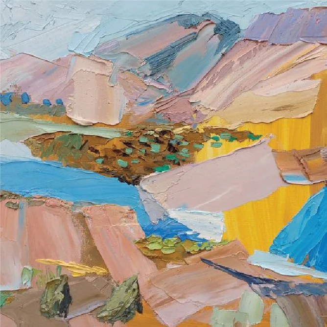 Abstract landscape painting with mountains, a lake, and fields in pastel colors.