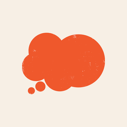Orange speech bubble with three smaller bubbles on a beige background.