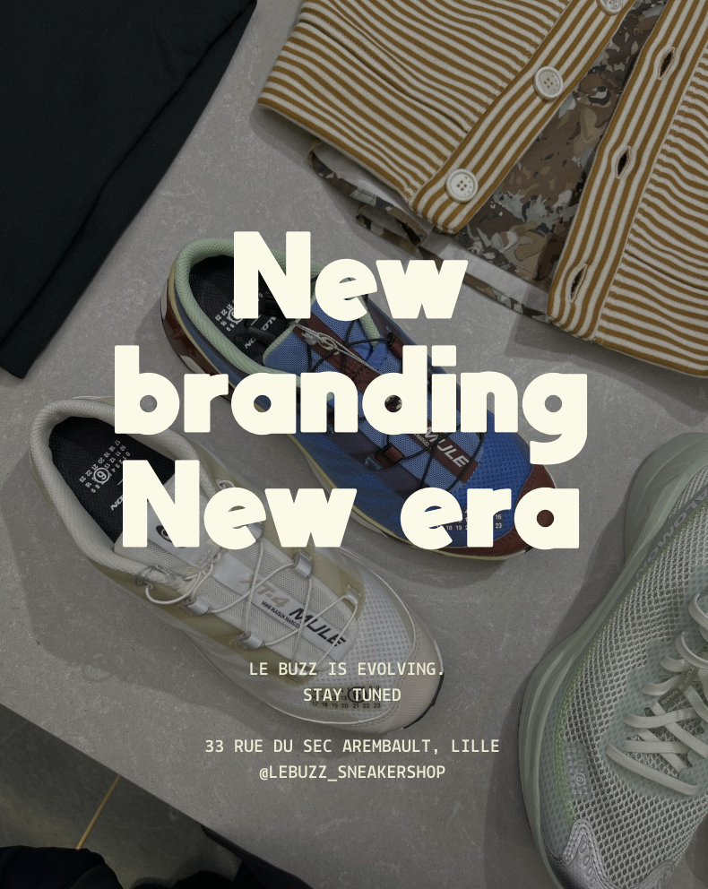Photo of various clothing items and sneakers, including striped shirts, patterned shirt, multiple sneakers, and pants, with overlaid text about new branding and a sneaker shop location in Lille, France.