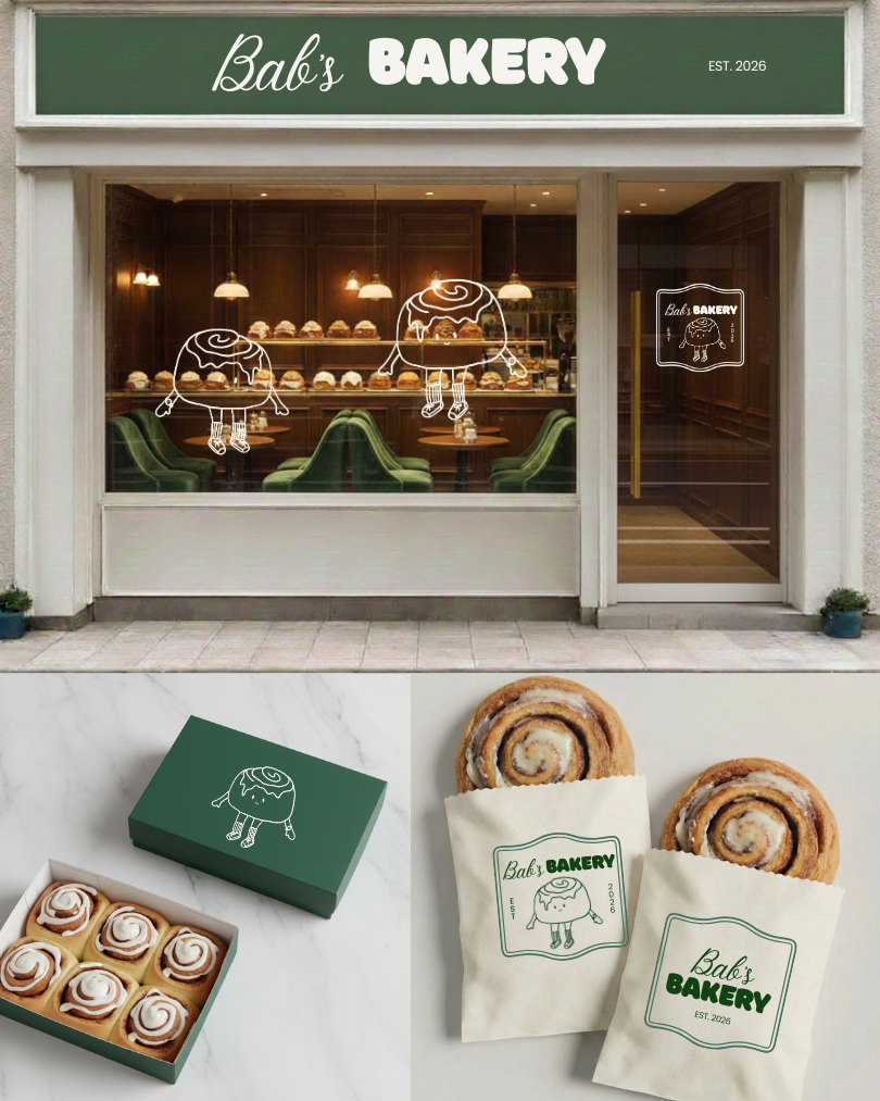Exterior view of Bab's Bakery storefront with green sign, interior with display of baked goods, and logo decals on window; a box of cinnamon rolls and two baked goods in paper bags labeled Bab's Bakery.