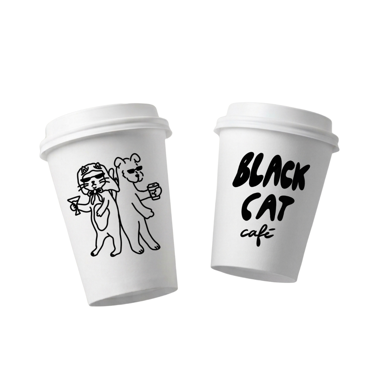 Two white coffee cups; one features line art of a cat and a bear dressed as humans holding drinks, the other has 'BLACK CAT café' written in bold black letters.