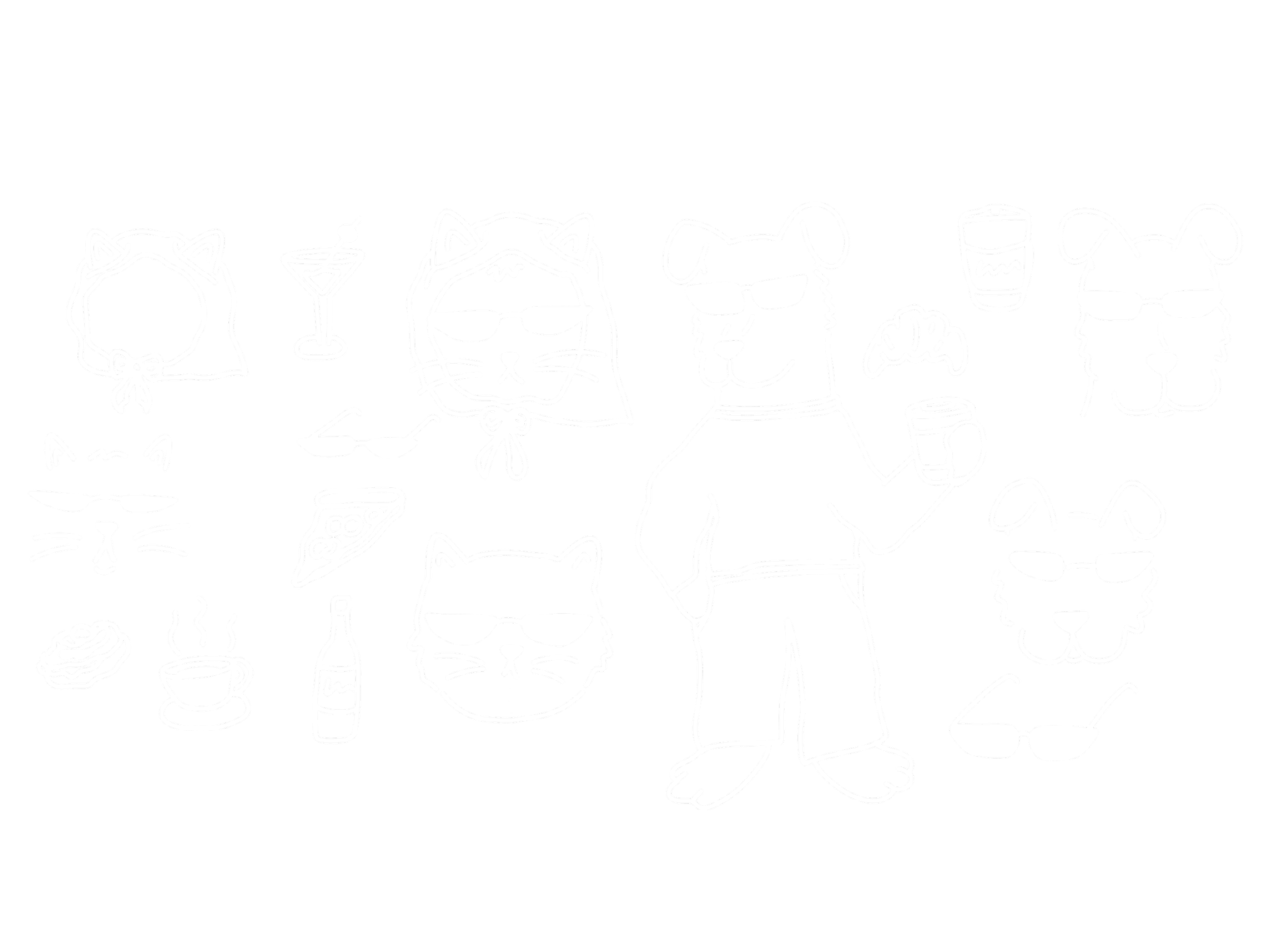 White line drawings of cats and dogs wearing sunglasses, with drinks and snacks, on a black background.