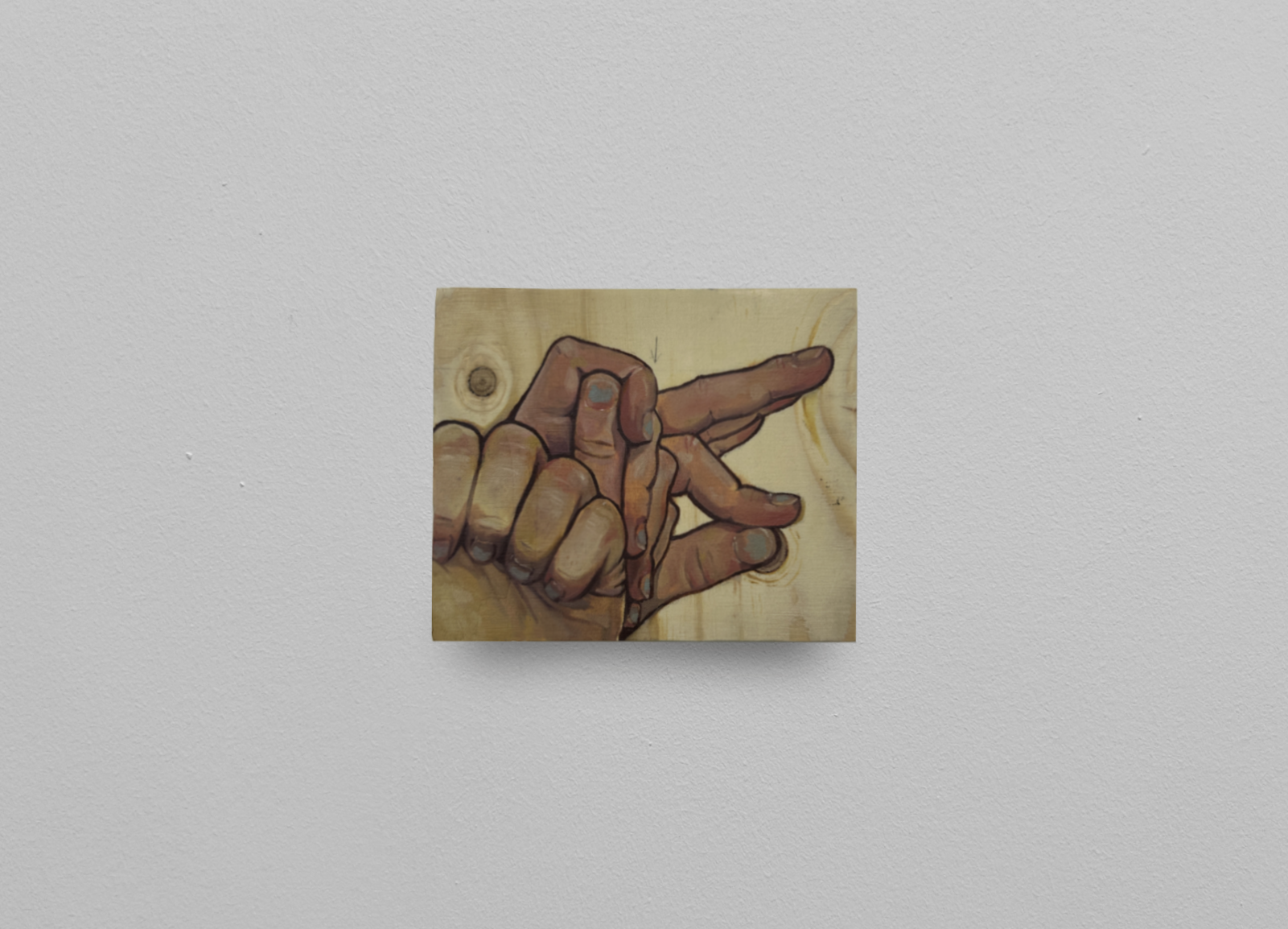“Hands and Fingers, not Knees and Toes”, 2026, oil on wood scrap