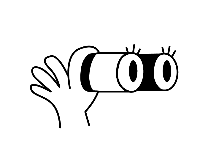 Quirky illustration of binoculars with eyes and eyelashes being held for a closer look.