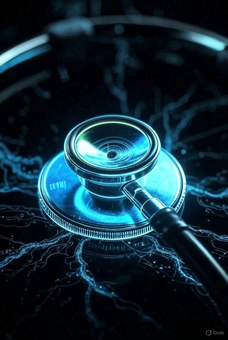 Close-up of a stethoscope with a digital effect, surrounded by blue lightning-like patterns