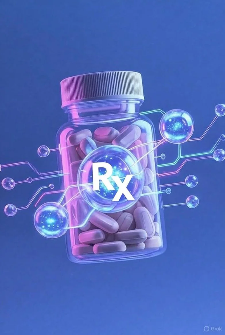 A digital illustration of a bottle filled with capsules, with a glowing 'Rx' symbol on the front, surrounded by stylized molecular structures against a blue background.