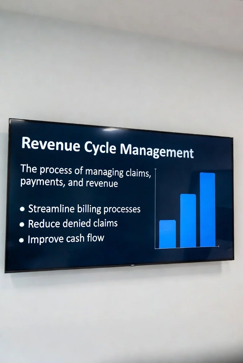 Presentation slide titled 'Revenue Cycle Management' with bullet points: 'Streamline billing processes,' 'Reduce denied claims,' 'Improve cash flow,' and a bar chart with three blue bars increasing in height.