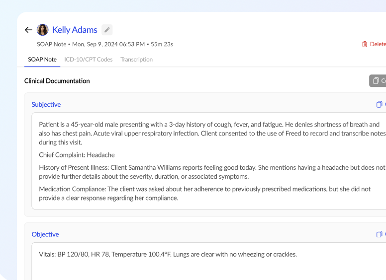 Screenshot of a digital medical note titled 'SOAP Note' for Kelly Adams, dated September 9, 2024, at 6:53 PM. Contains sections labeled 'Subjective' and 'Objective' with patient information, symptoms, and vital signs.
