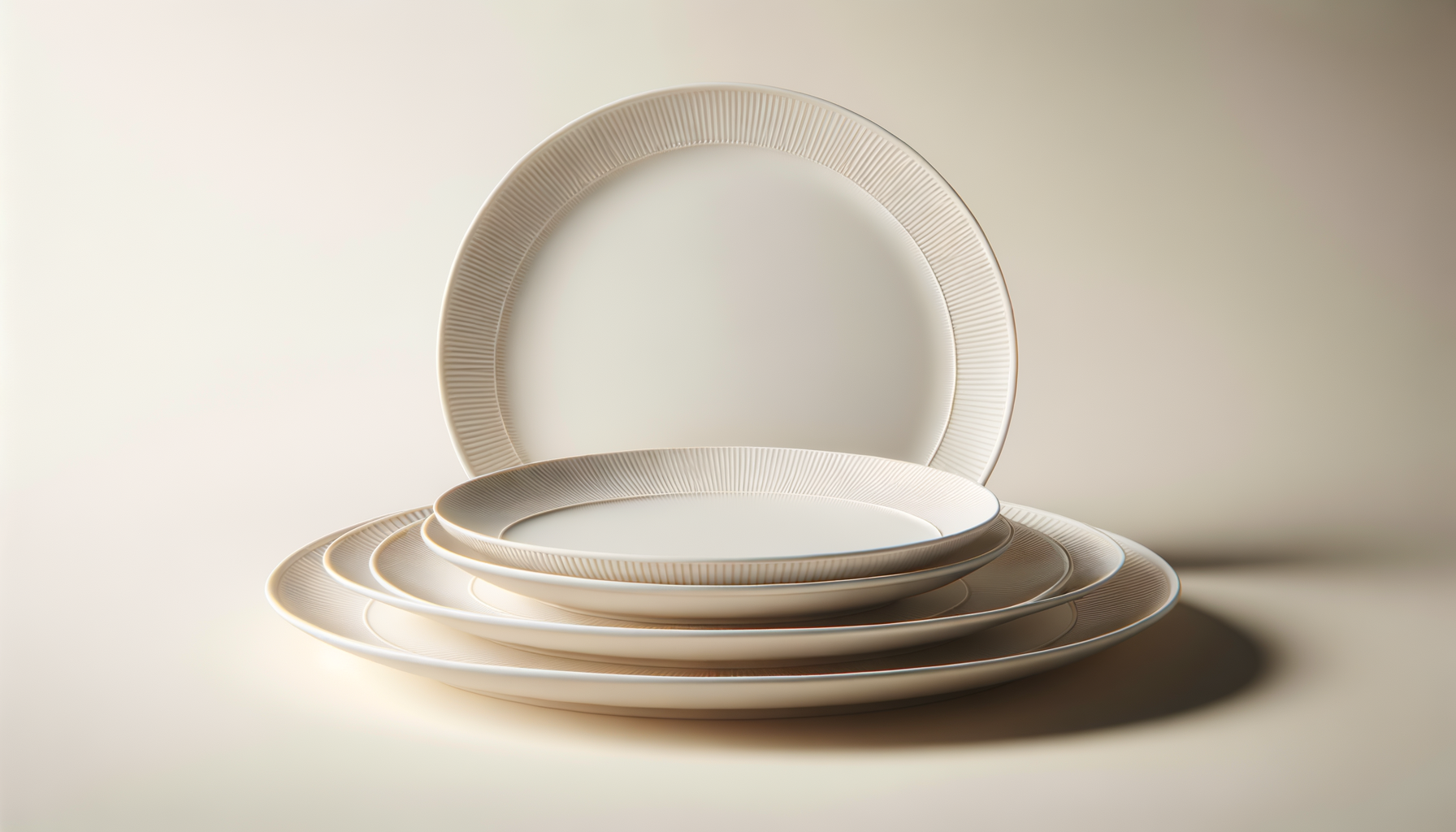 Set of beige ceramic plates with textured rims, stacked on a light background.