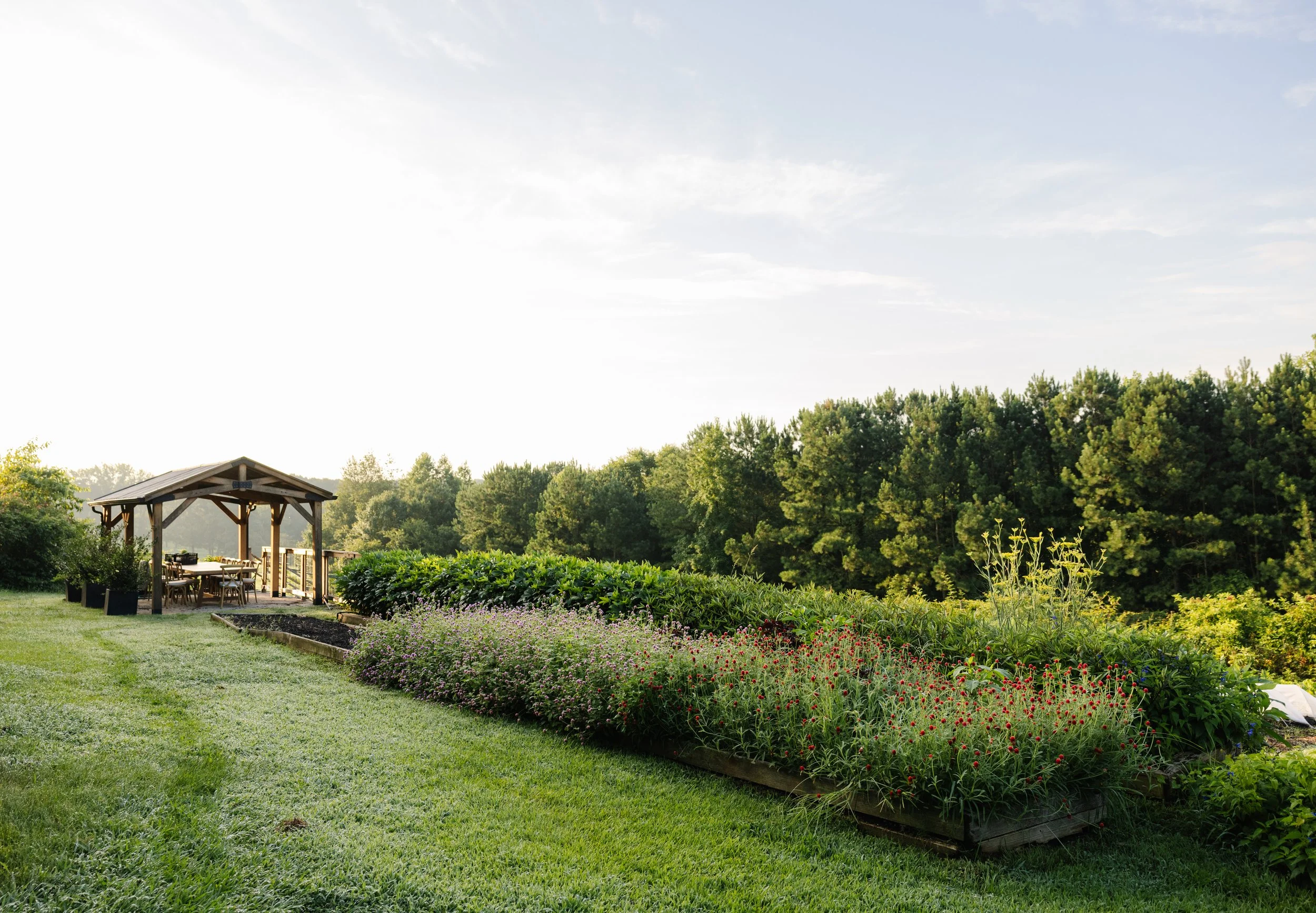 A lush garden with a grassy lawn, flower beds, and a wooden pavilion with outdoor furniture, bordered by a dense forest under a partly cloudy sky.