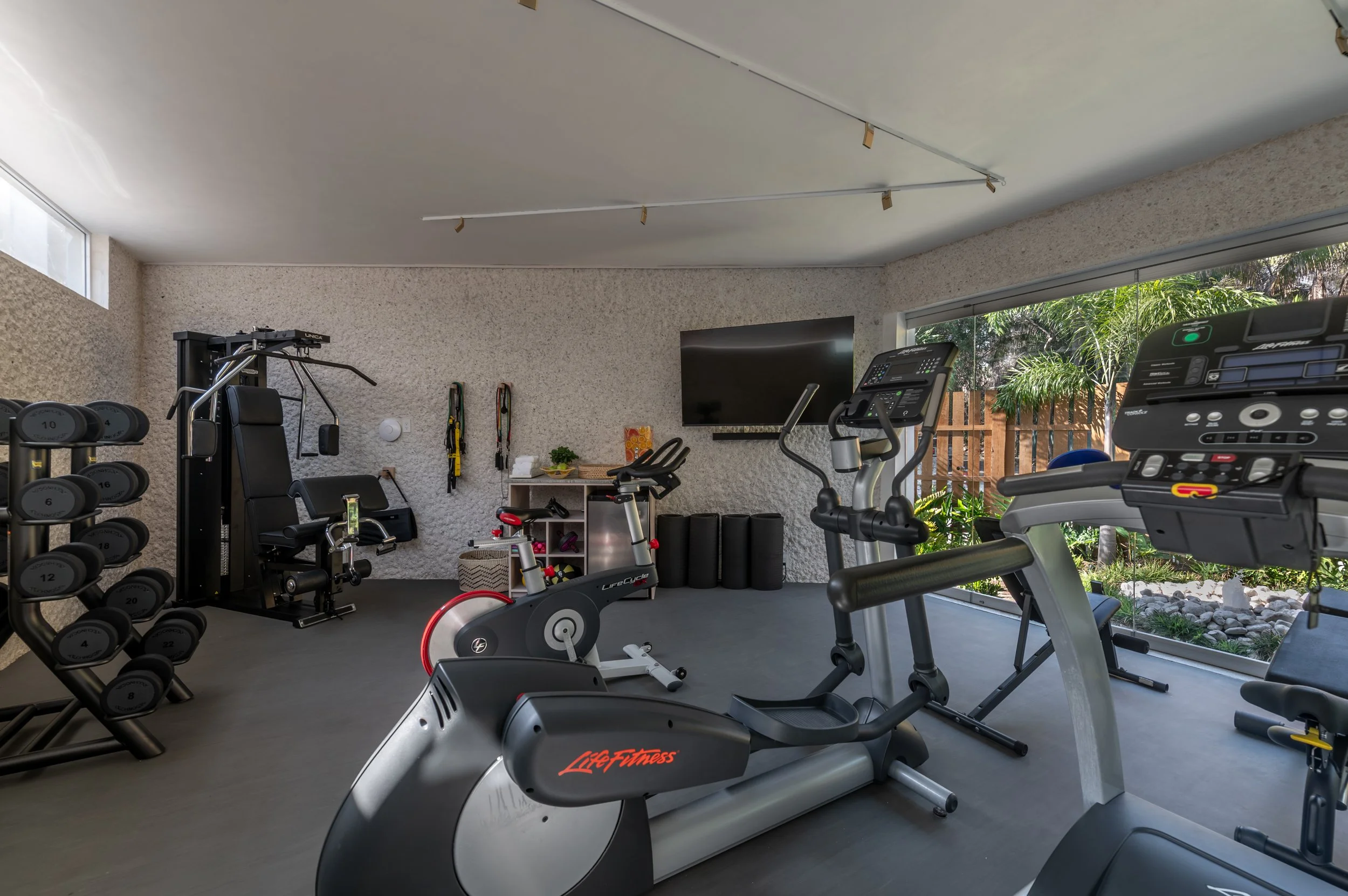 Home gym with various fitness equipment including dumbbells, weight machines, stationary bikes, and a treadmill, with a large window showing outdoor greenery.