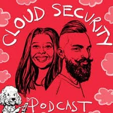 Illustration of a smiling woman and a man with a beard, surrounded by clouds and the words 'Cloud Security Podcast' on a pink background.