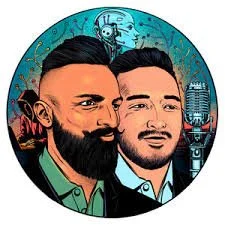 Two men with dark hair, one with a beard, both wearing suits, with a futuristic cityscape background and robotic elements.