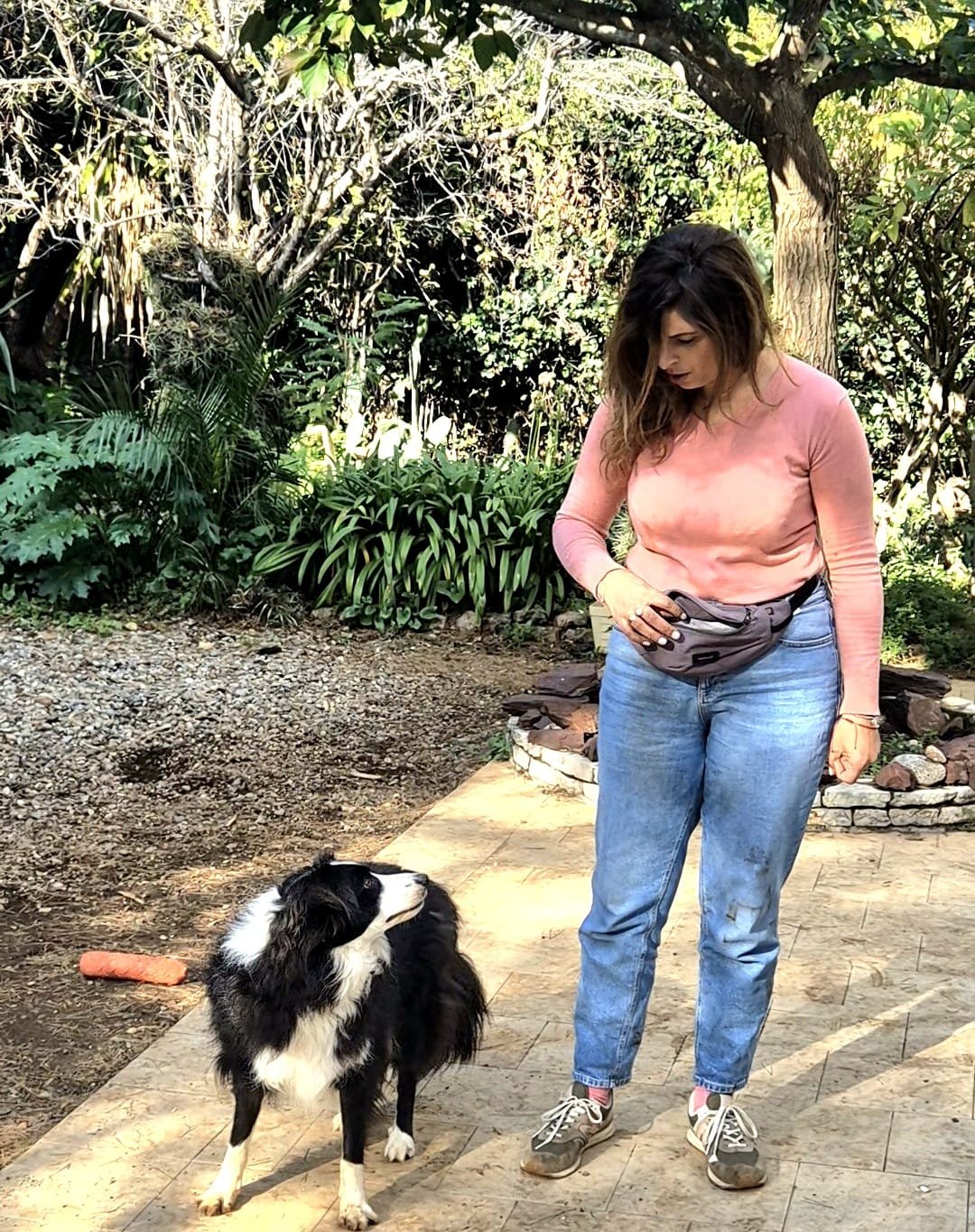 Leila, éducatrice canine Canifriendly, debout en train d’entraîner son chien lors d’une séance d’éducation positive.