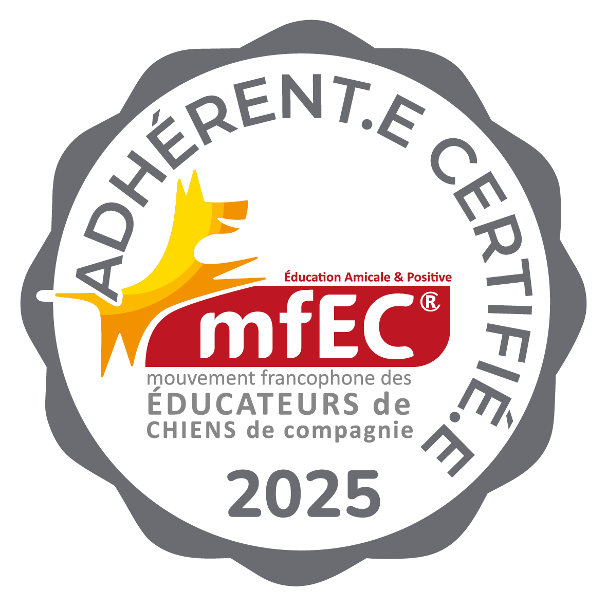 Logo du mouvement d'éducation positive pour les éducateurs de chiens, MFEC mouvement francophone des ÉDUCATEURS de CHIENS de compagnie 2025'. Educateur canin certifié méthodes positives et bienveillantes, respectueuses des émotions de l'animal