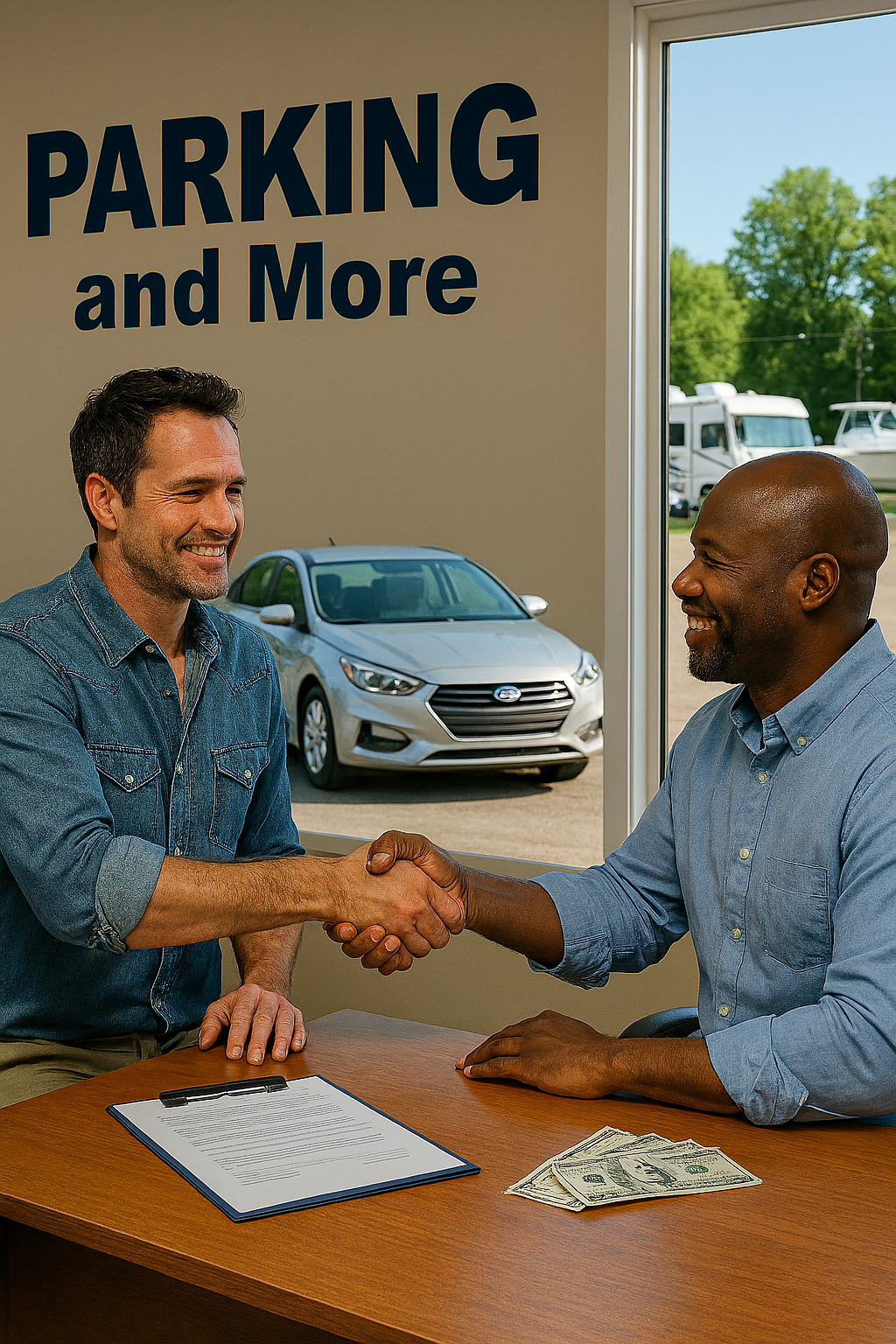 Two men shaking hands inside a car dealership with a sign reading 'PARKING and More' behind them. A silver car is parked outside the window, and there are recreational vehicles in the background.