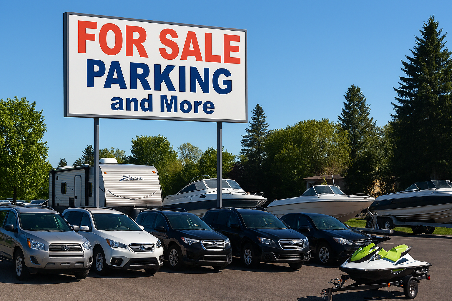 Car dealership lot with a large sign reading 'For Sale Parking and More,' several cars, boats, and a jet ski on trailer.