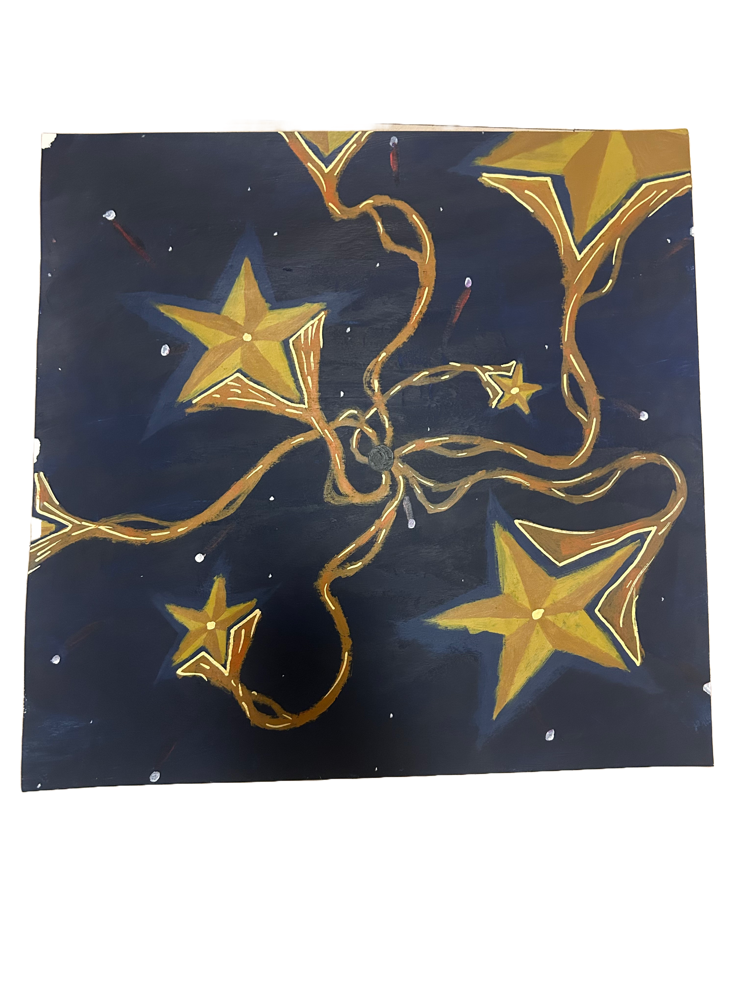 Painting of golden stars connected by swirling, glowing golden lines against a dark background with small white dots resembling stars.