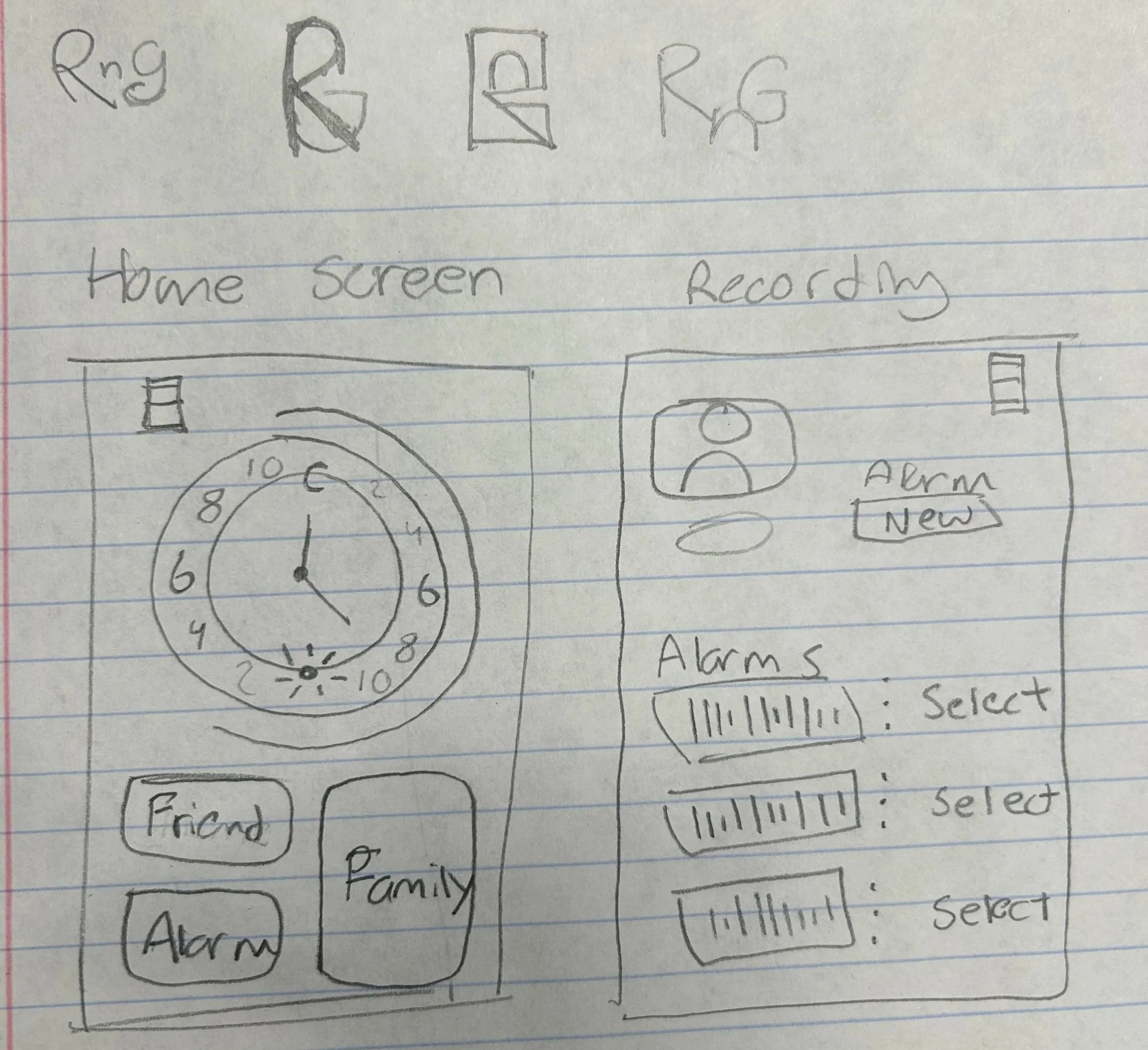 Hand-drawn sketch of a mobile app interface for home screen and alarms, featuring a clock, buttons labeled Friend, Family, Alarm, and alarm setting options with sliders and select buttons.