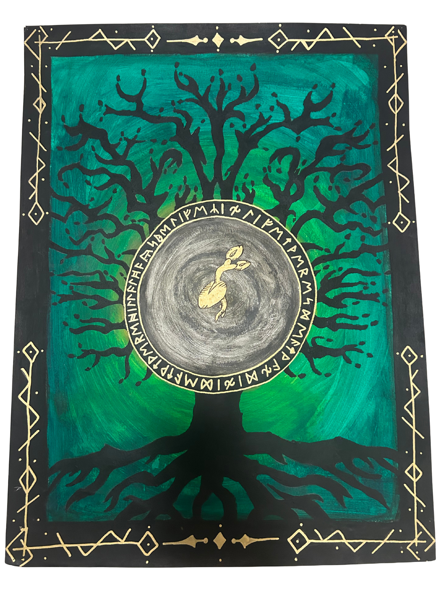 A black tree with twisted branches against a green and blue background. In the center, a circular emblem contains a small, gold, creature resembling a rabbit or fox, surrounded by runic or ancient script.