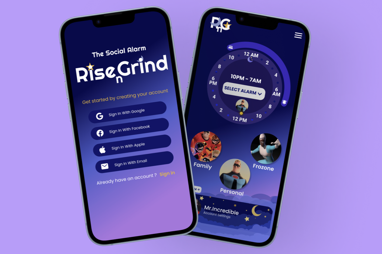 Two smartphones displaying the app Rise n' Grind with a dark blue background, showing login options on the left screen and alarm settings with character icons on the right screen.