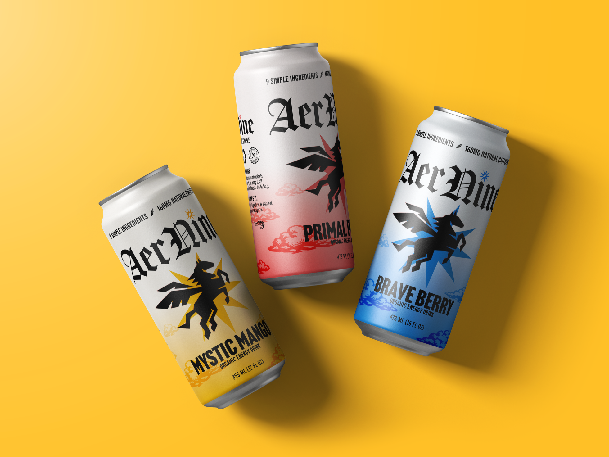 Three cans of energy drinks with a Pegasus logo, placed on a yellow background.
