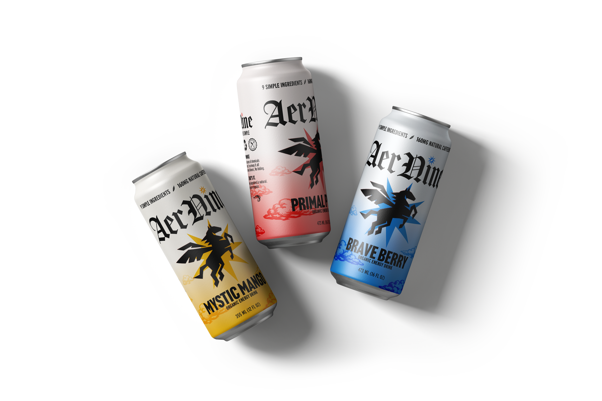 Three cans of energy drink, yellow Mystical Mango, red Primal Power, and blue Brave Berry, with a black unicorn logo and black text, placed on a white and gray background.