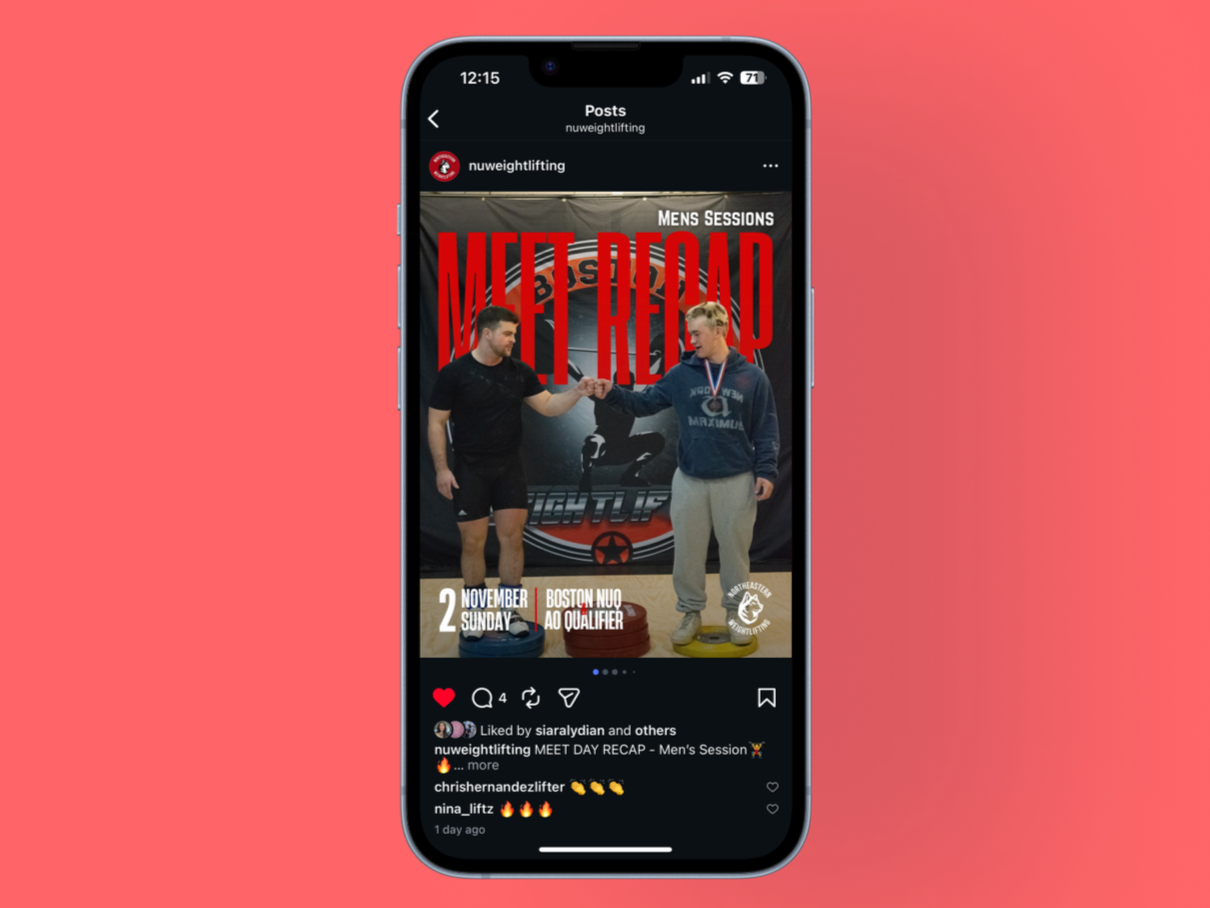 Instagram post showing two men fist-bumping during a weightlifting event, with a backdrop reading 'MEET RECAP' and details about a men's session in Boston on November 2nd.