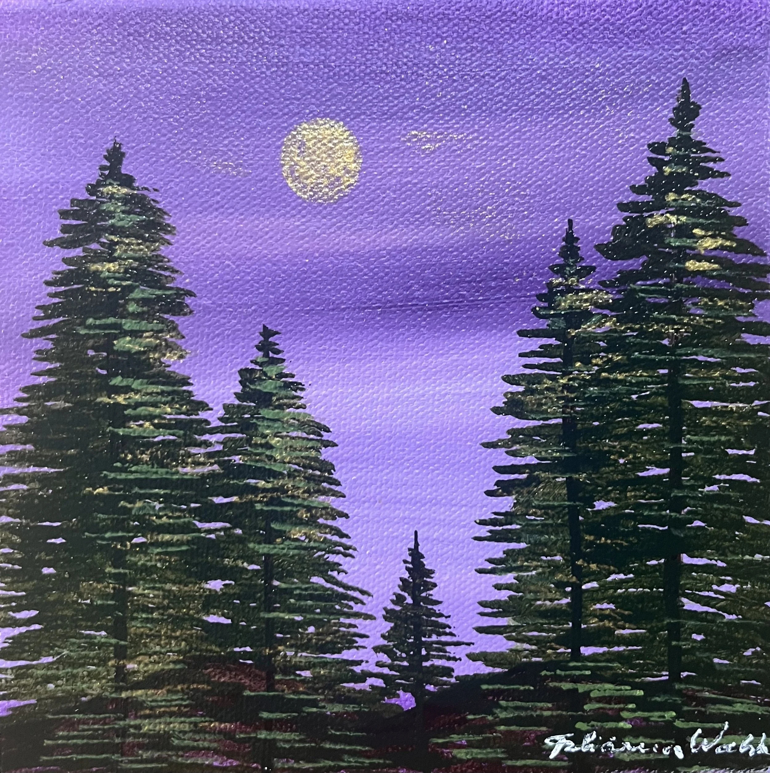 Purple Moonlit Pine Serenity: Acrylic Landscape Painting