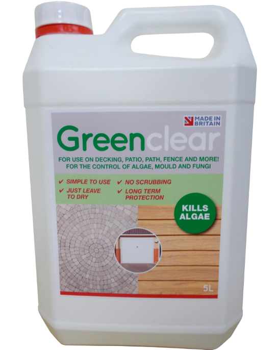 A 5-liter white plastic container of GreenClear algae and mold killer with a red screw cap, label indicating it is made in Britain, suitable for decks, patios, pathways, fences, controls algae, mold, and fungi, and features bullet points about ease of use, longevity, and protection.