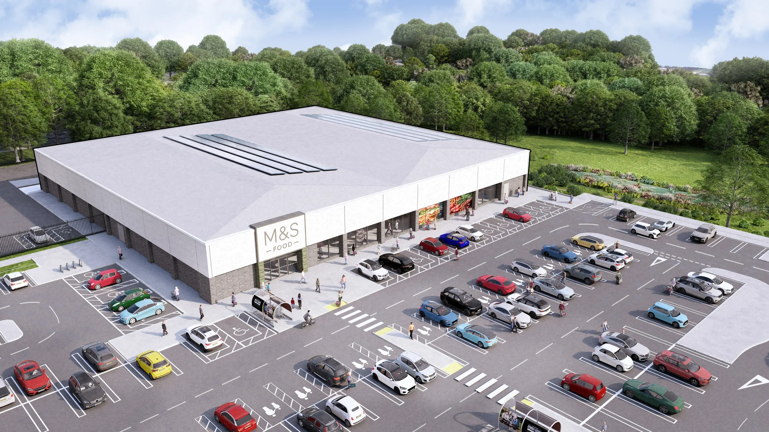 CGI of the proposed development, including a parking space with cars and pedestrians.