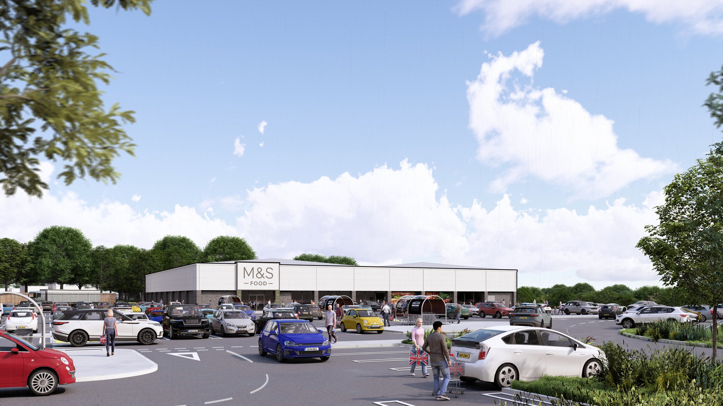 CGI of the proposed development, including a parking space with cars and pedestrians, and a store labeled 'M&S Food' in the background.
