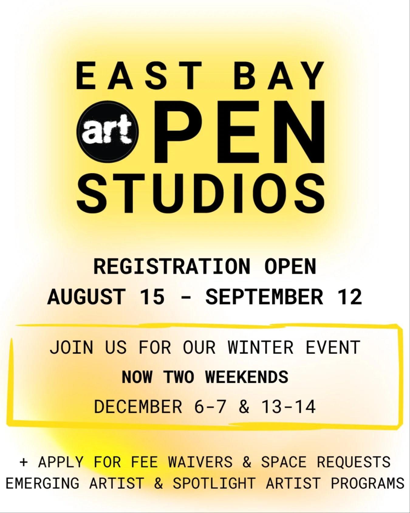 Calling all East Bay visual artists!  Here is an opportunity to exhibit your artwork to art lovers this December.  Registration for East Bay Open Studios is open now until Sept 12.  Join us for one or two weekends, Dec 6-7 and 13-14.  We get thousand