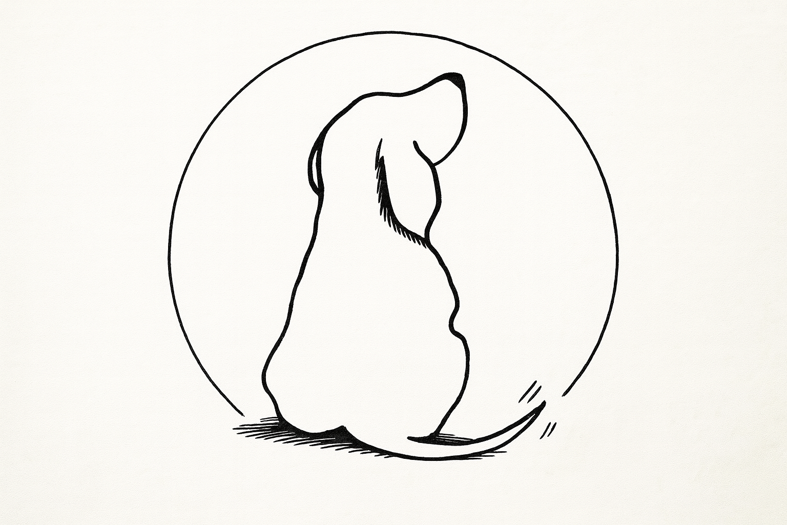 A black and white sketch of a dog wagging its tail looking upwards