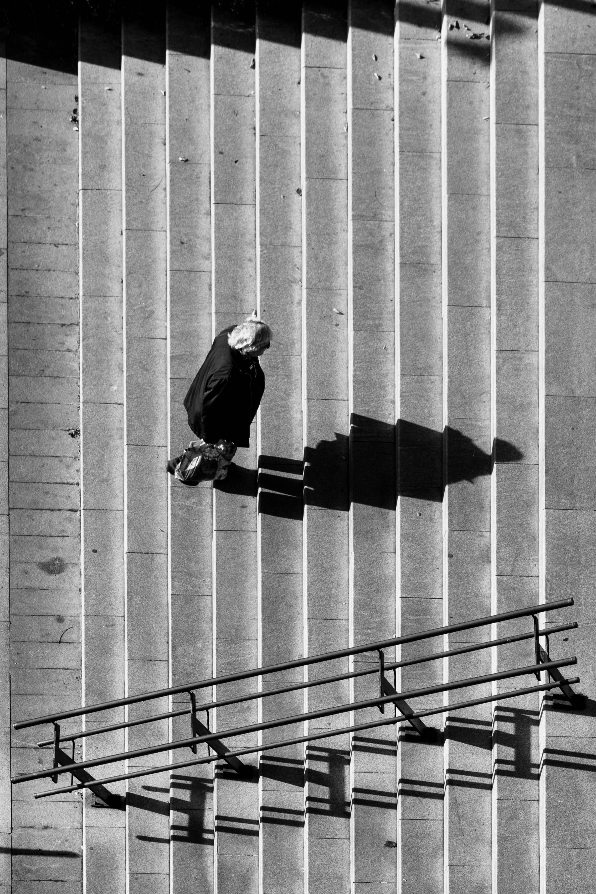 A black and white photo of an elderly woman with gray hair, wearing a dark coat, walking down a flight of outdoor stairs with metal handrails. Her shadow is cast on the stairs as she looks down, carrying a bag in her right hand.